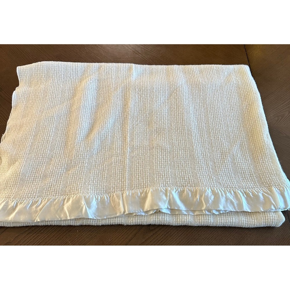 Faribo Faribault Woolen Mill TWIN Blanket Cream Waffle Weave Satin Trim USA